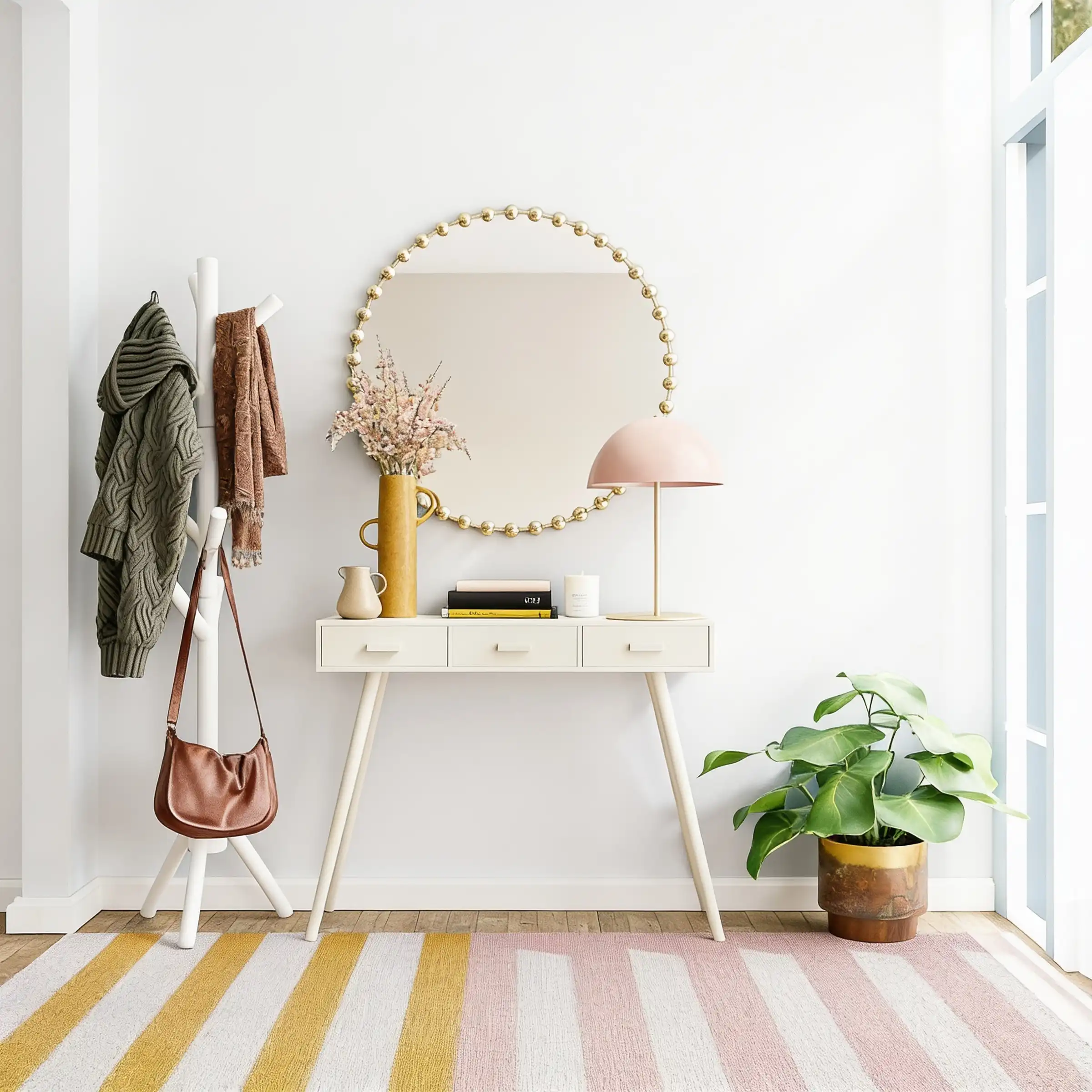 An entry with plain white walls, a round mirror over a white hall table and a coat stand