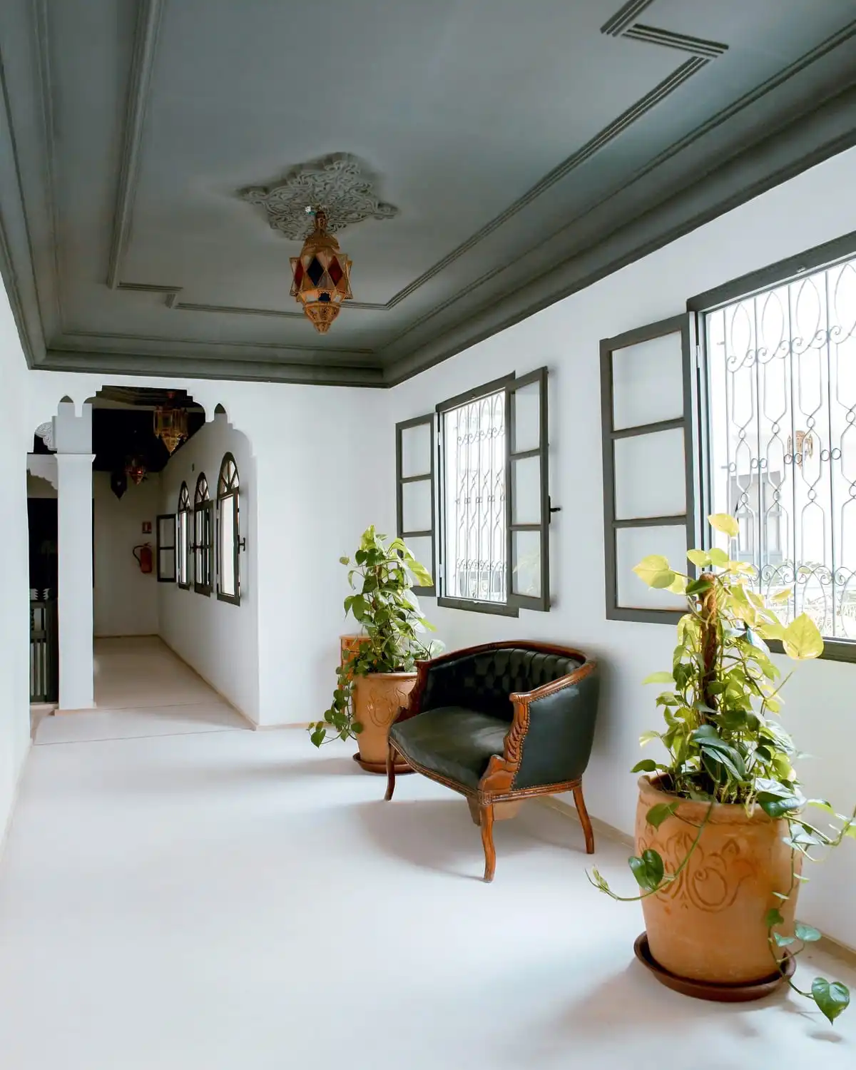 A white hallway with dark painted timber window frames, an armchair and pot plants